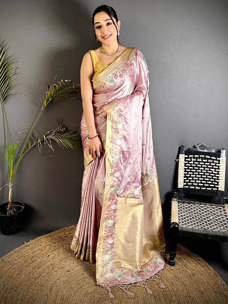 Blush Pink Satin Silk Zari Weave Saree