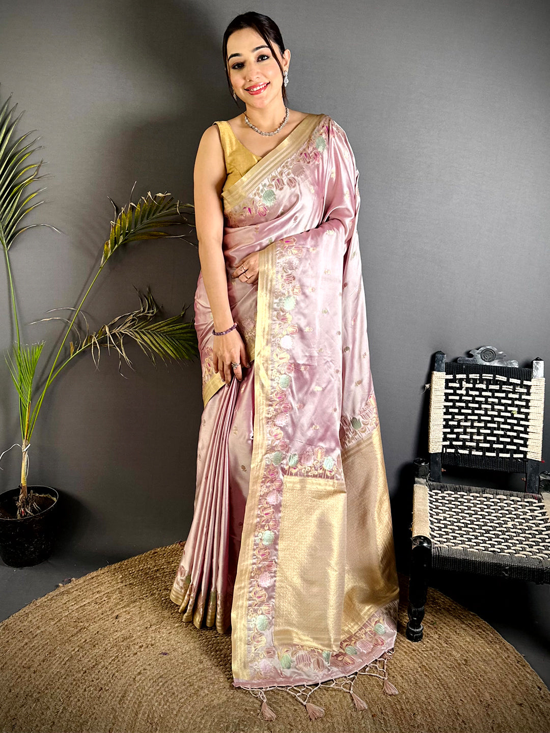 Blush Pink Satin Silk Zari Weave Saree