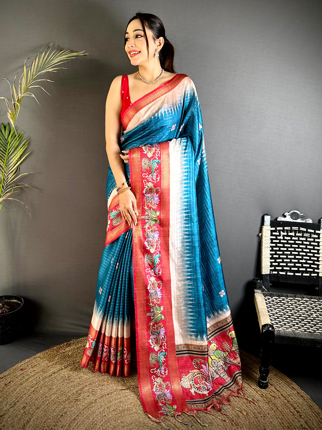 Blue Tanjore Art Semi Silk Saree