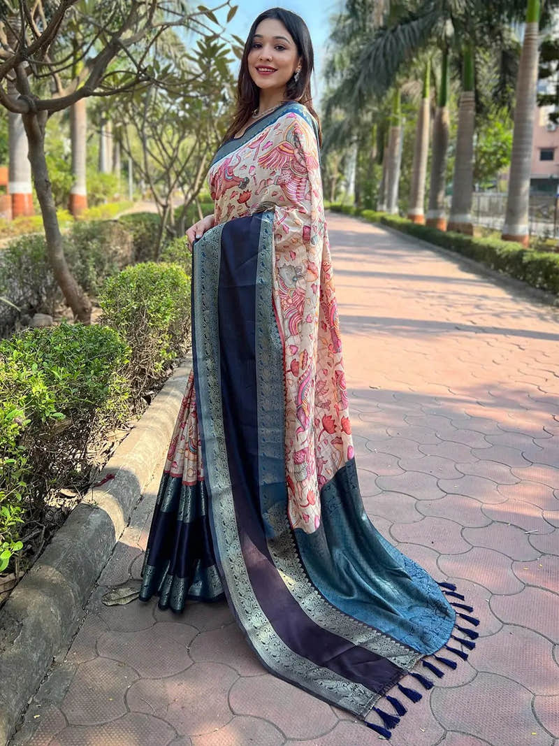 Blue Colour Double Border Chex Weaving Banarasi Soft Silk Saree