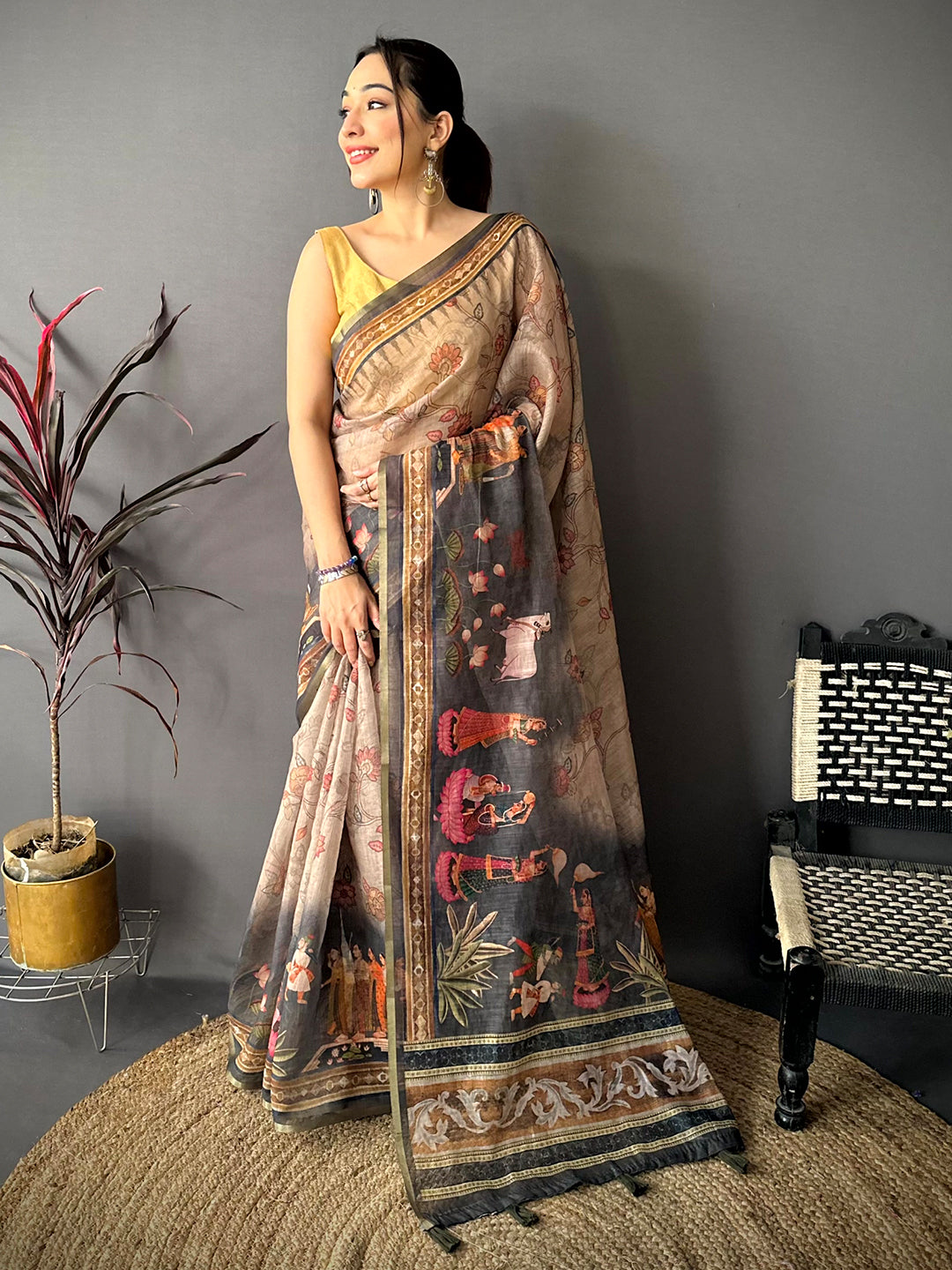 Majestic Pen Kalamkari Digital Linen Saree