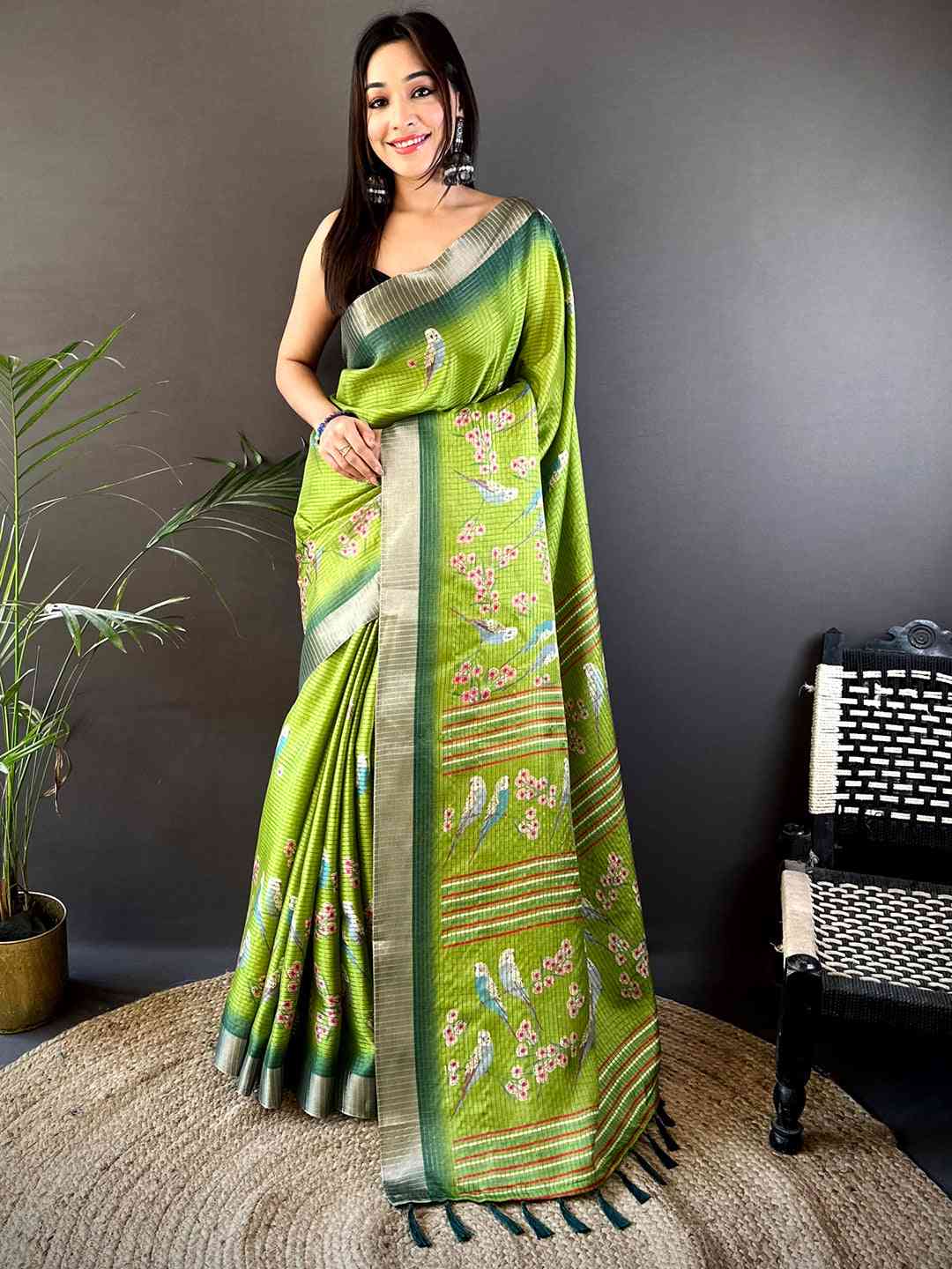 Green Chanderi Check Sparrow Print Saree
