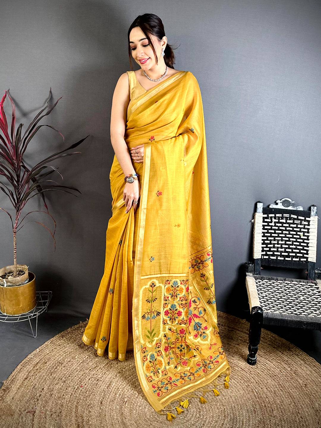 Mustard Minakari Khadi Cotton Saree
