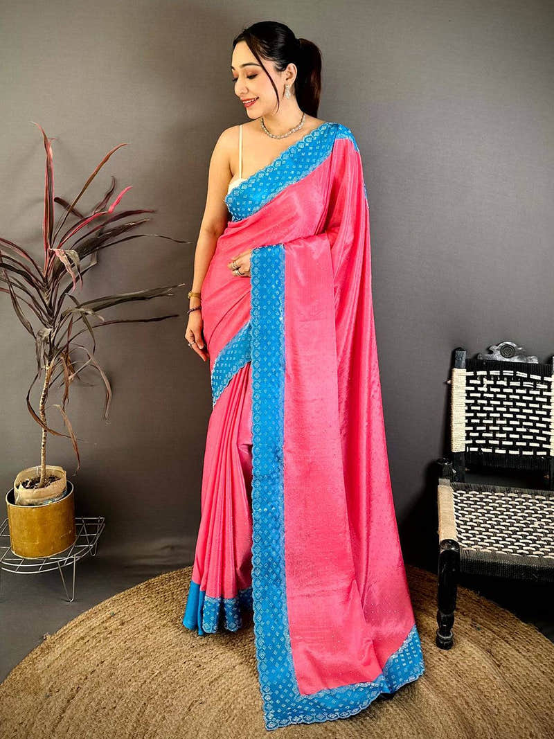 Pink Poly Chiffon Diamond Stone Work Saree
