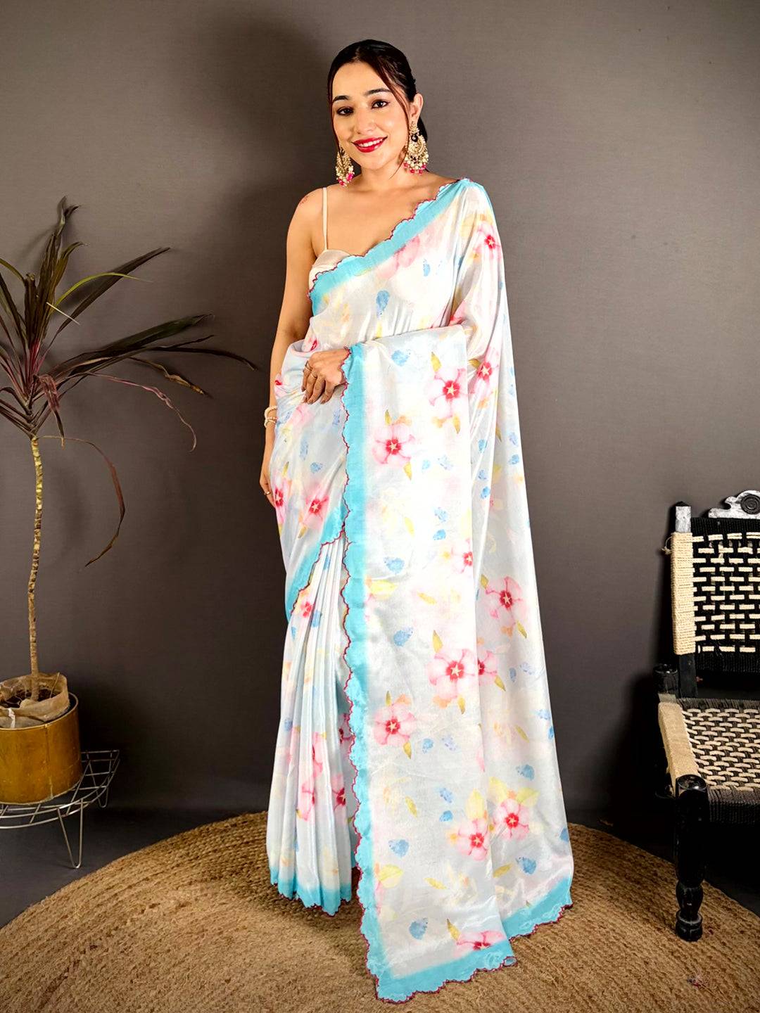 Off White Chinnon Embroidered Border Saree