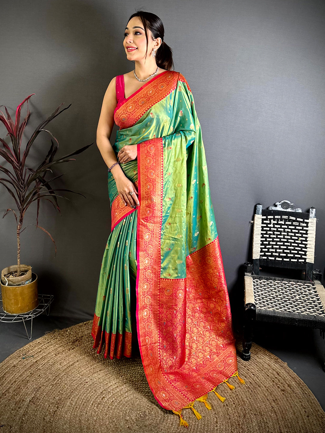 Green Minakari Butti Zari Tissue Saree With Maggam Blouse