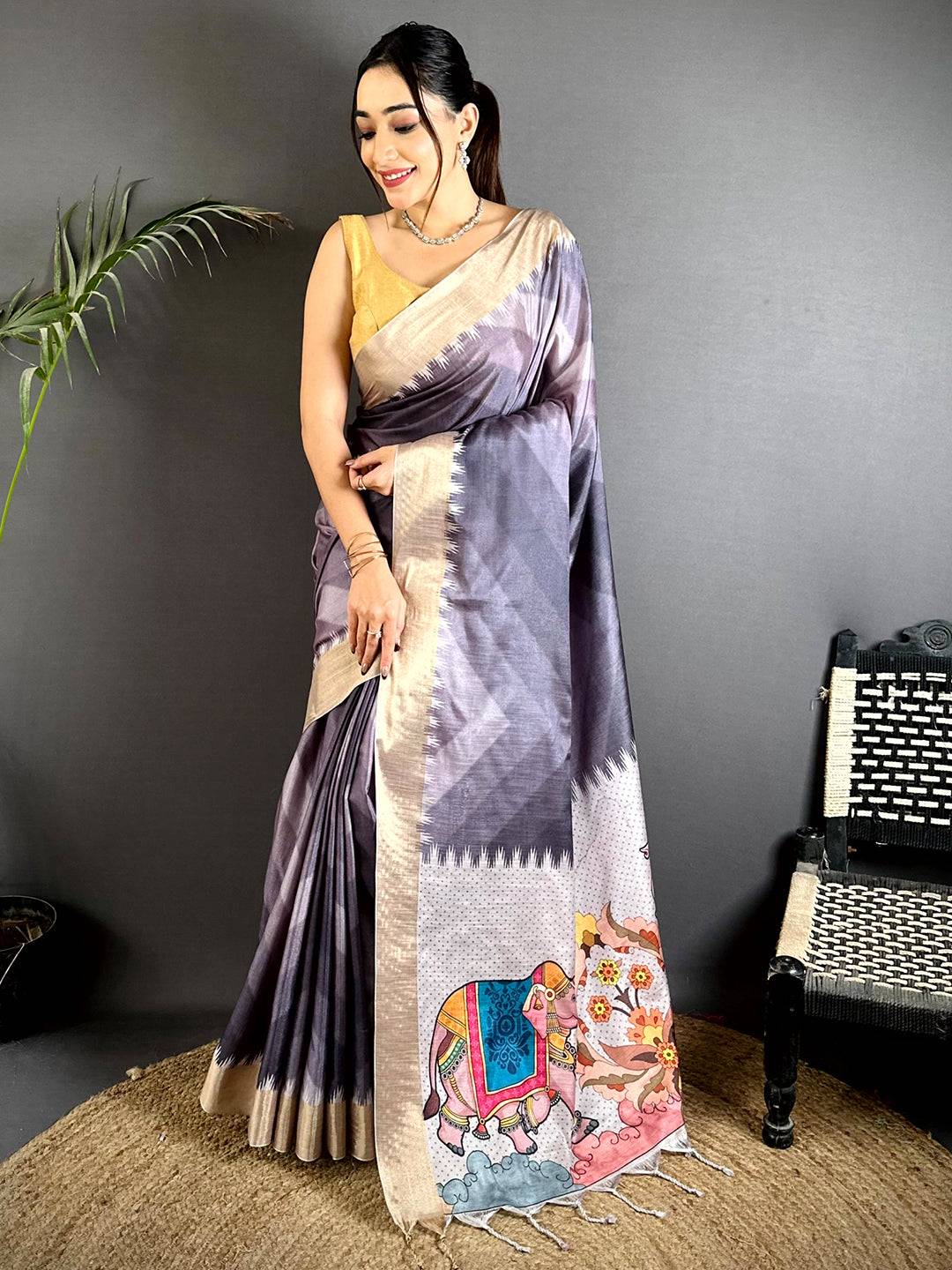 Artisanal Linen Kalamkari Pallu Saree