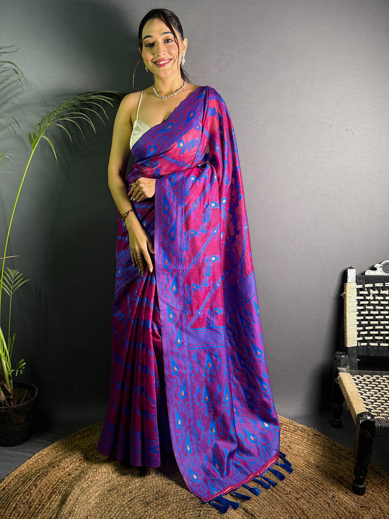 Wine Cotton Silk Dhakai Jamdani Saree