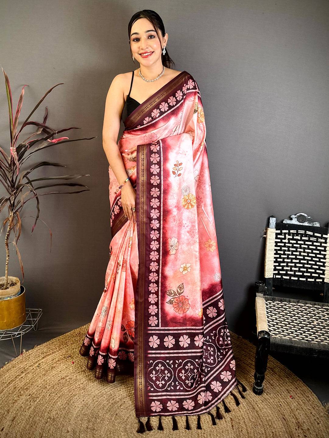 Stylish Floral Soft Silk Zari Border Saree