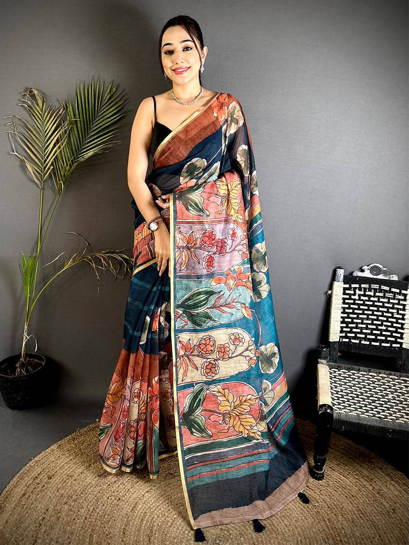 Royal Hand Block Floral Linen Saree