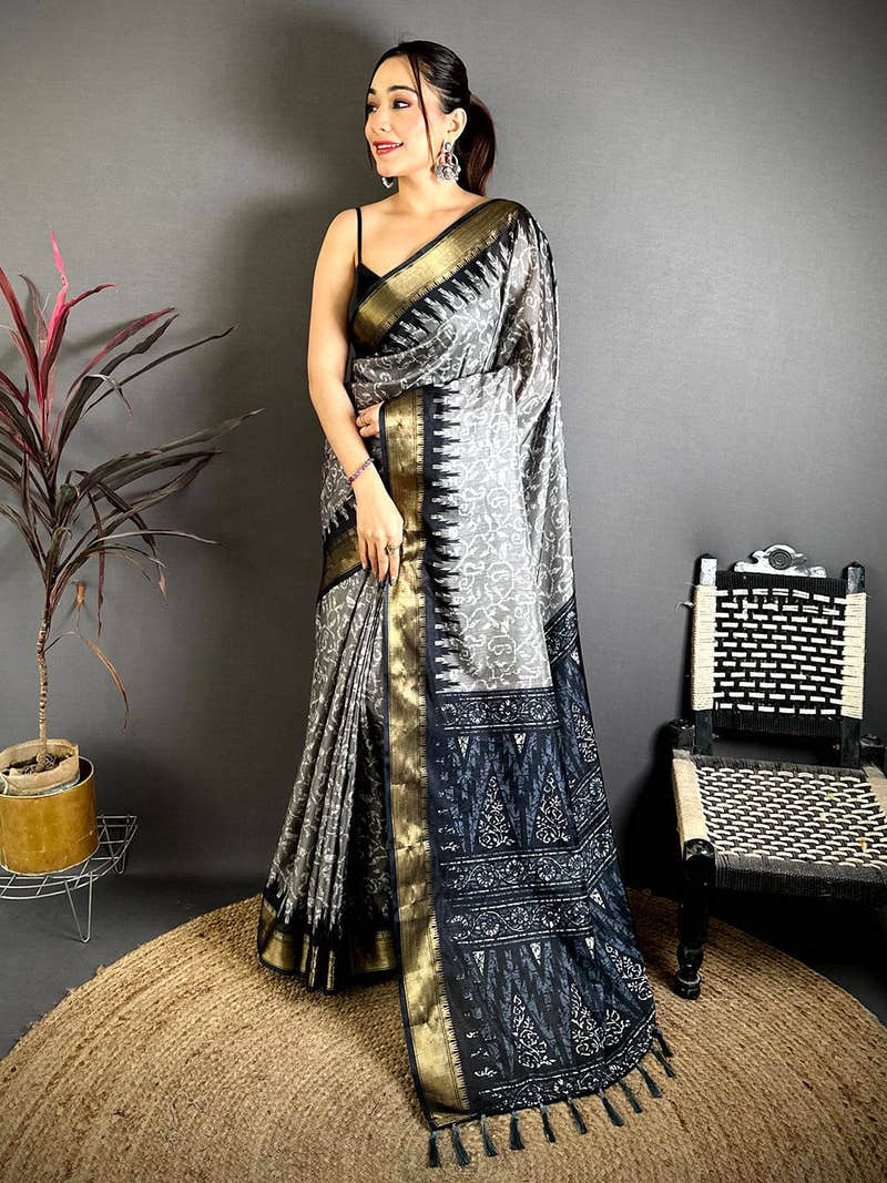 Black Pearl Ikkat Dola Silk Saree