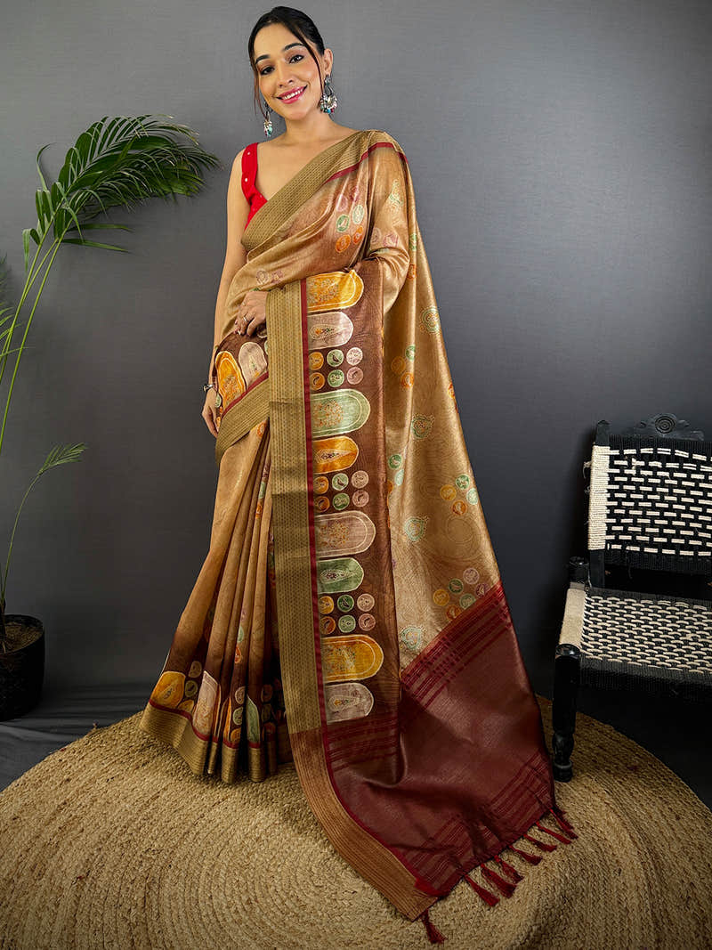Light Brown Tussar Silk Kalamkari Print Saree