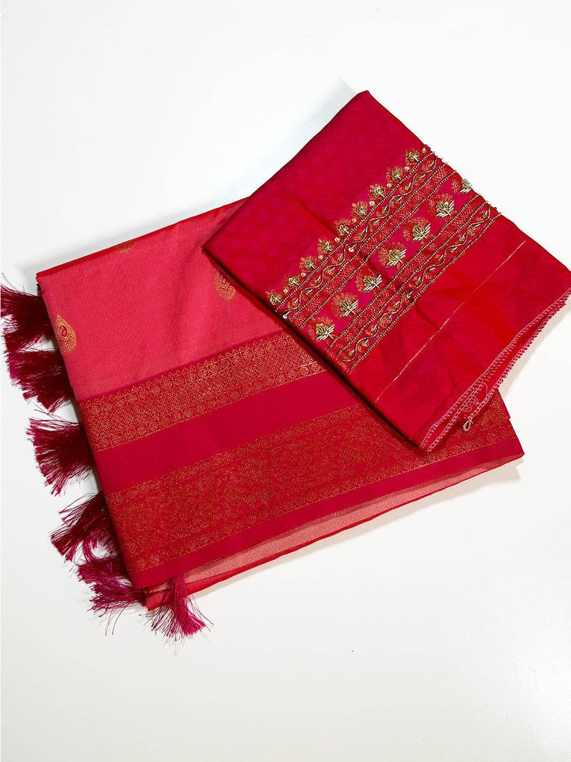 Rose Pink Satin Bentex Soft Silk Saree With Maggam Blouse