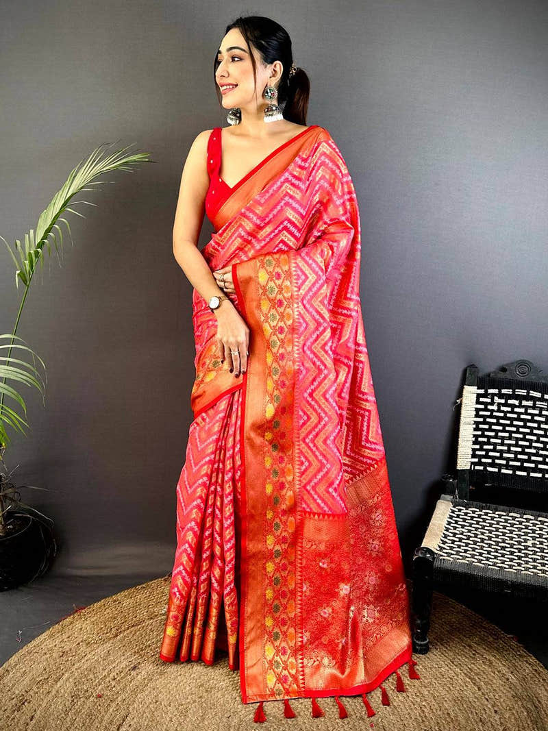 Pink Banarasi Zig Zag Katan Silk Saree