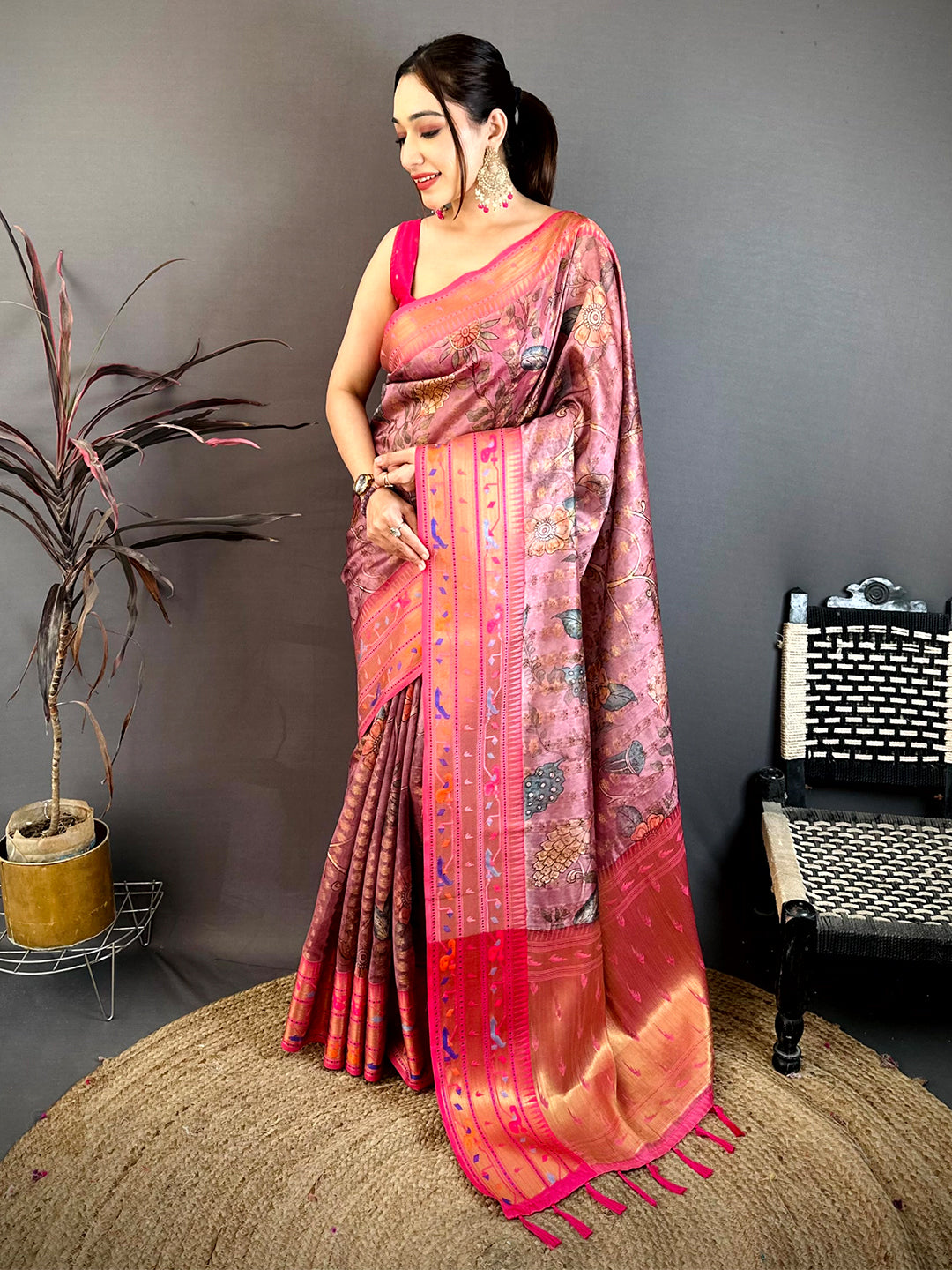 Dull Pink Paithani Border Kora Tissue Saree
