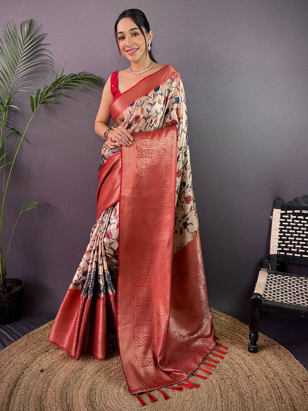 Cream Cherry Satin Kalamkari Saree