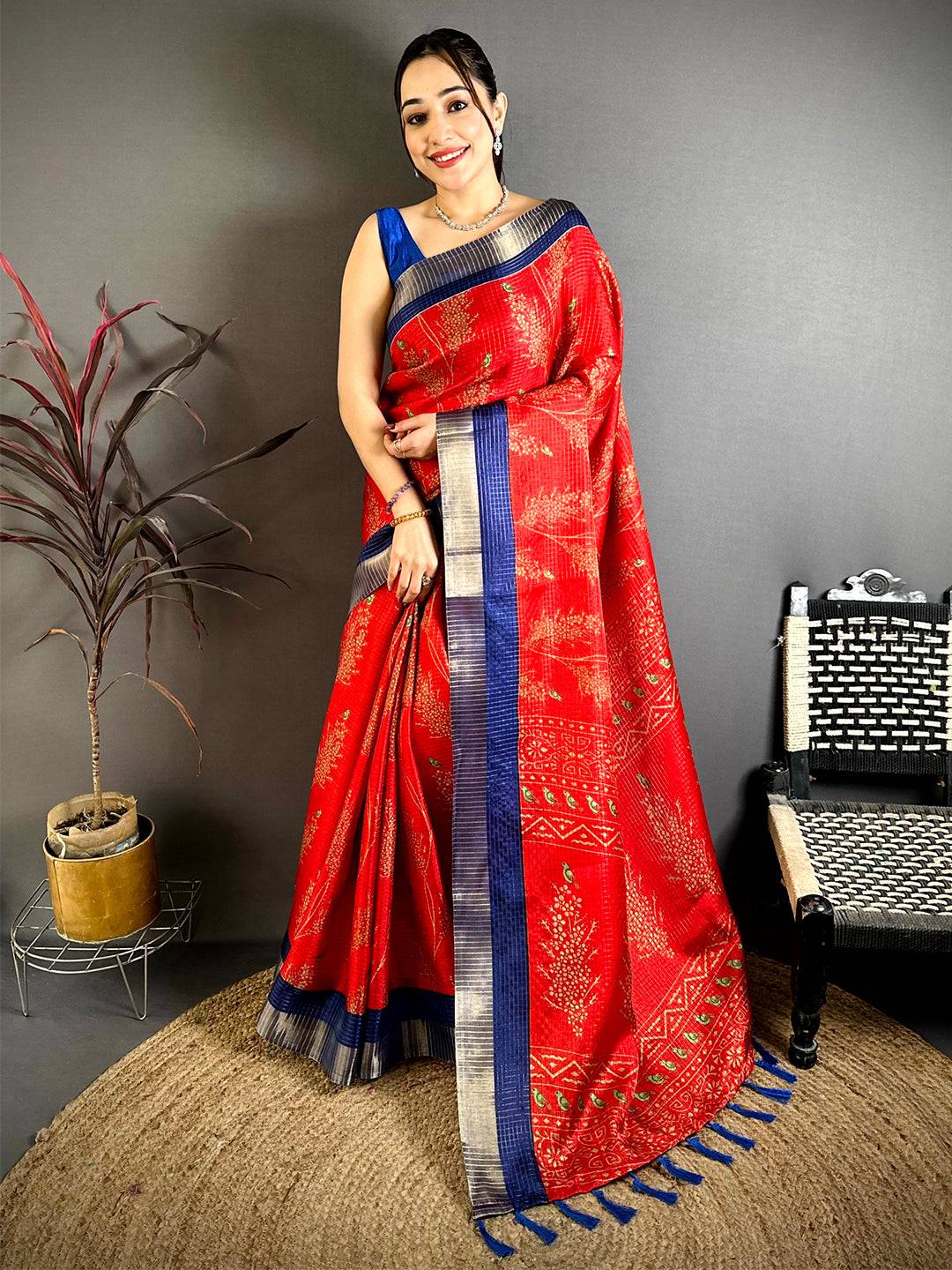 Red Tussar Zari Chex Bird Motif Saree