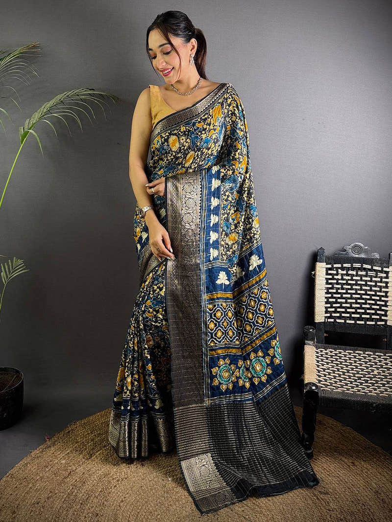 Ink Blue Ajrakh Print Viscose Saree