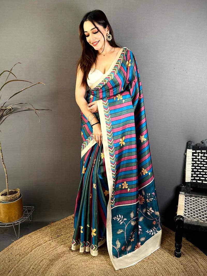 Elegant Tussar Striped Floral Print Saree