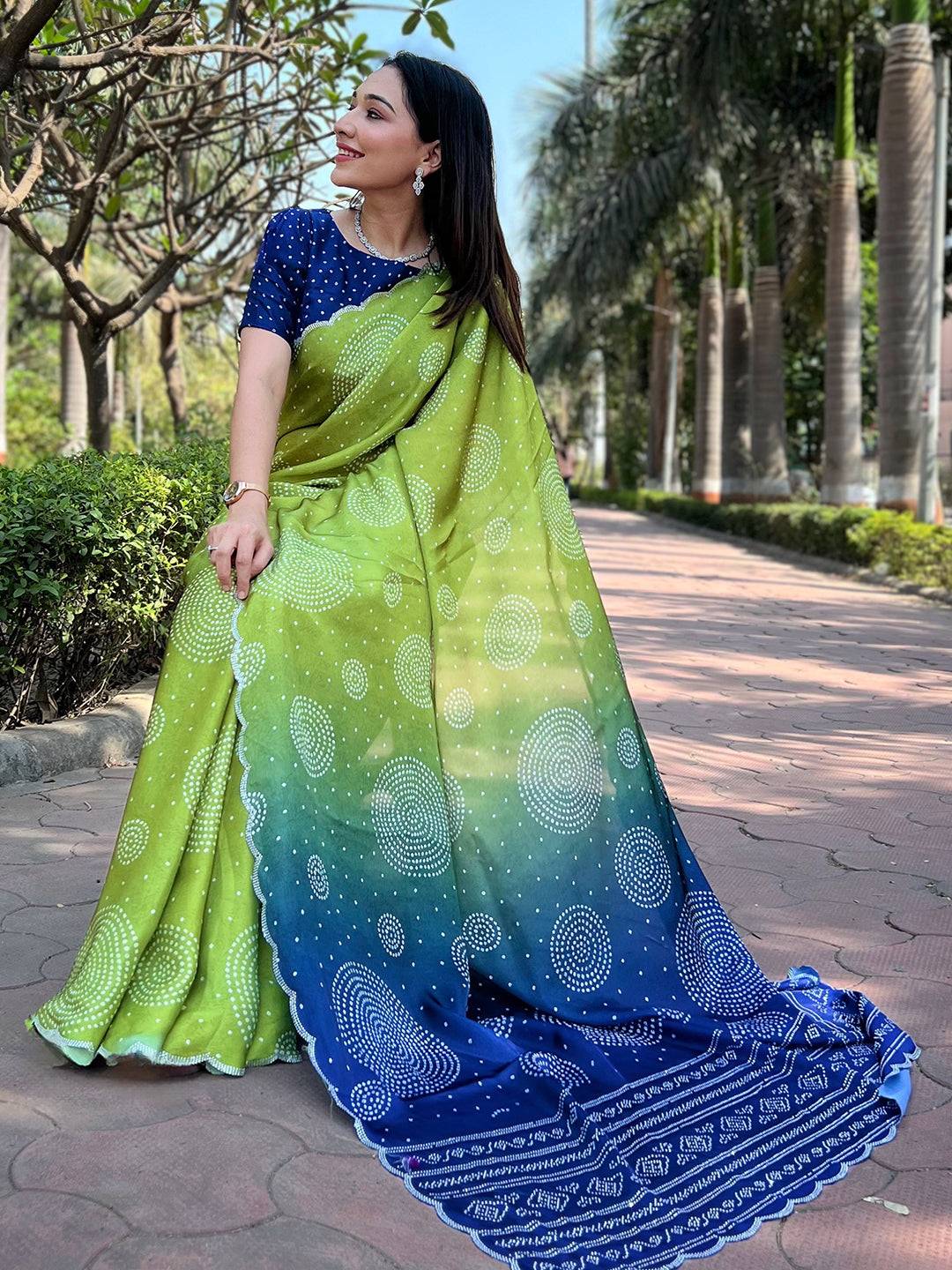 Georgette Silk Saree with Ombre Bandhej Print & Stone Work