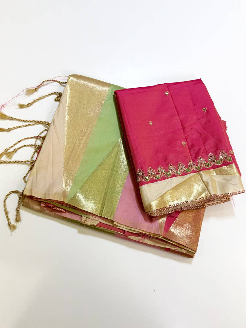 Multicolor Geometric Kanjivaram Silk Saree With Maggam Blouse
