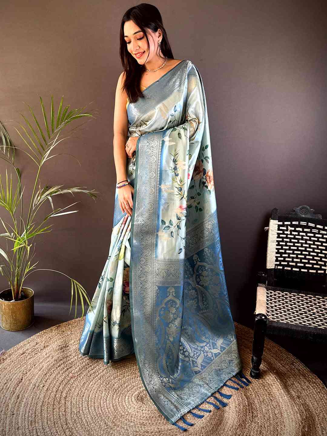 Pastel Blue Bamboo Silk Floral Saree