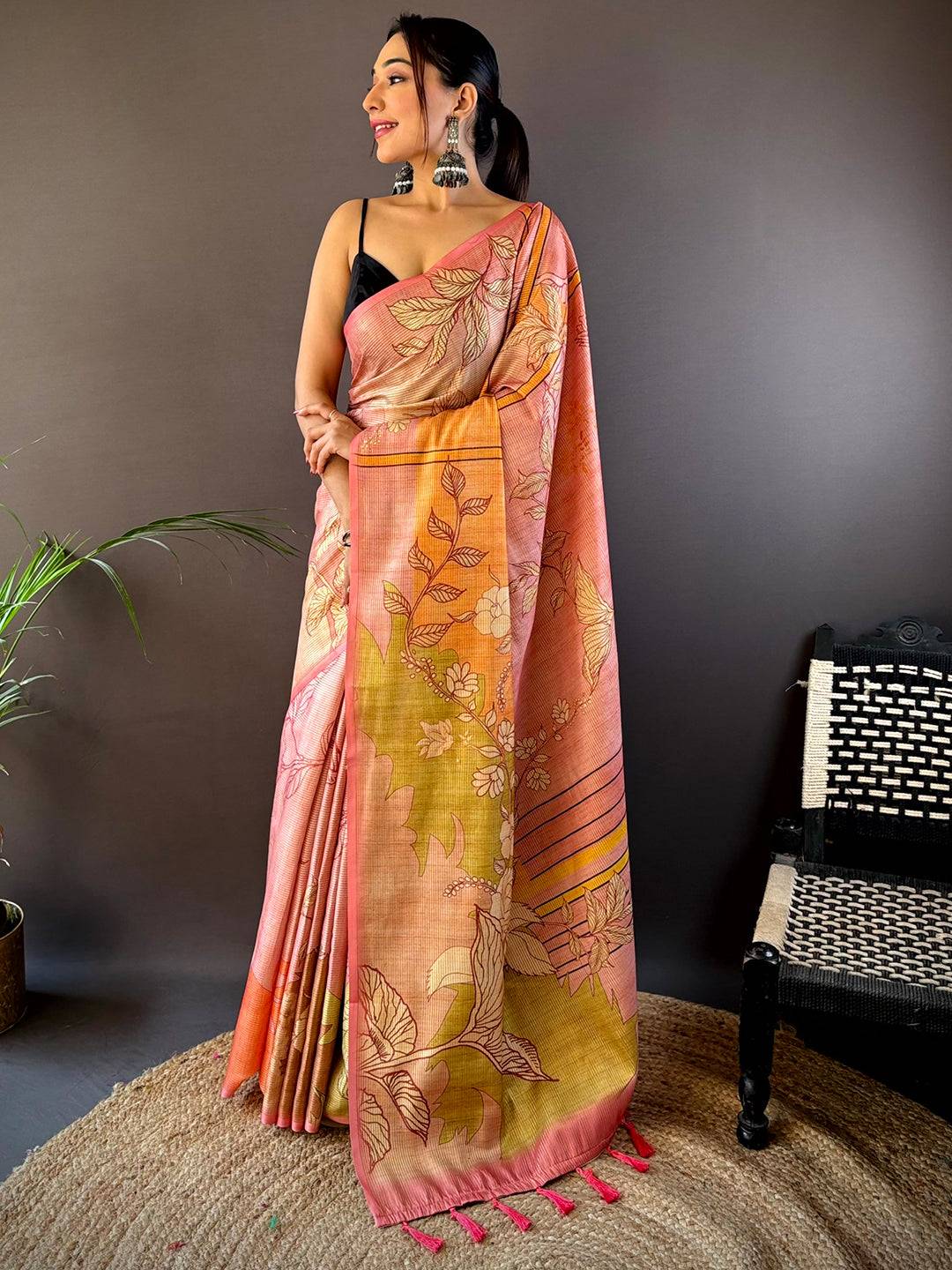 Elegant pink floral print saree with zari tussar fabric