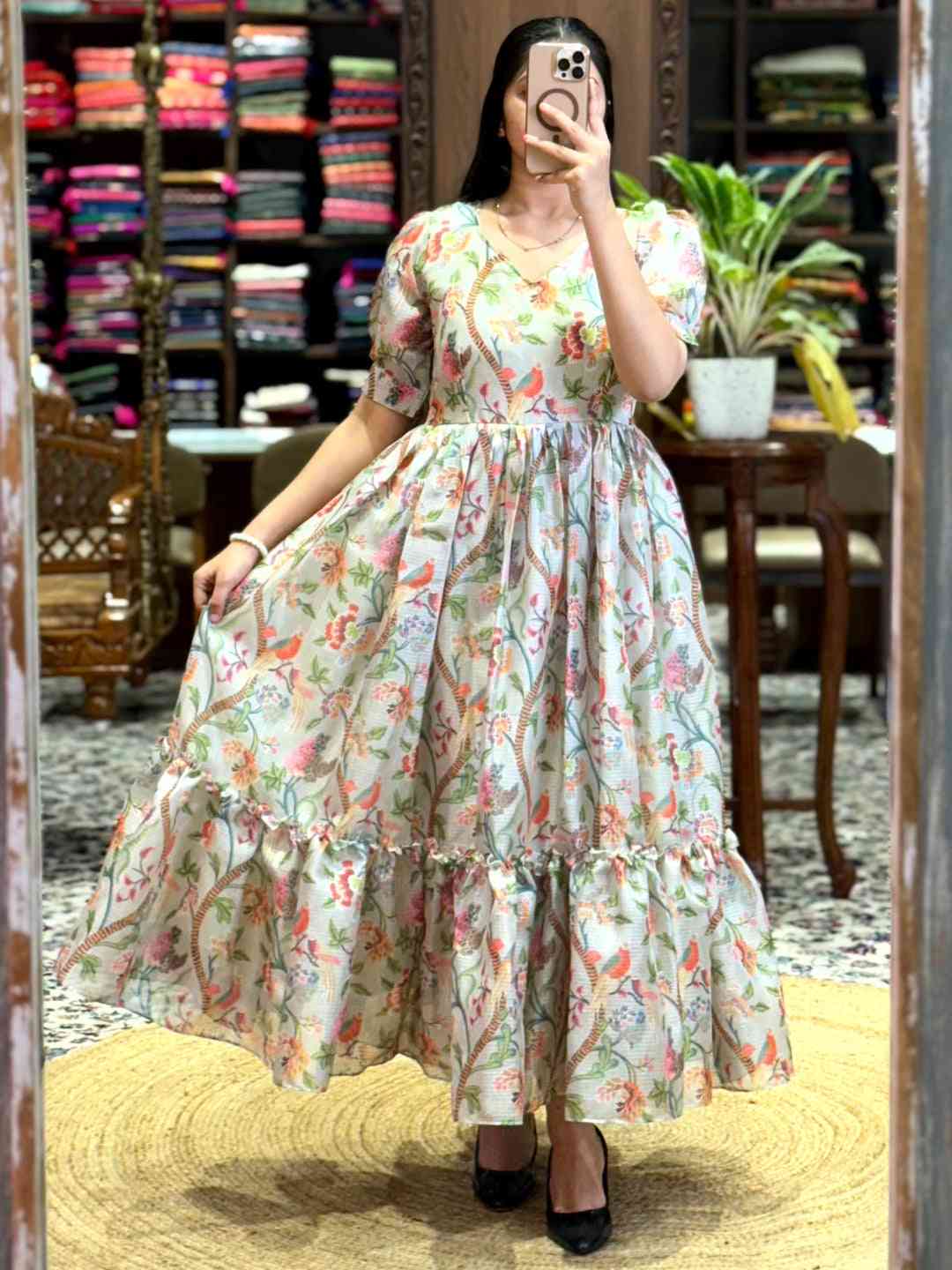 Light Beige Floral Print Midi Dress