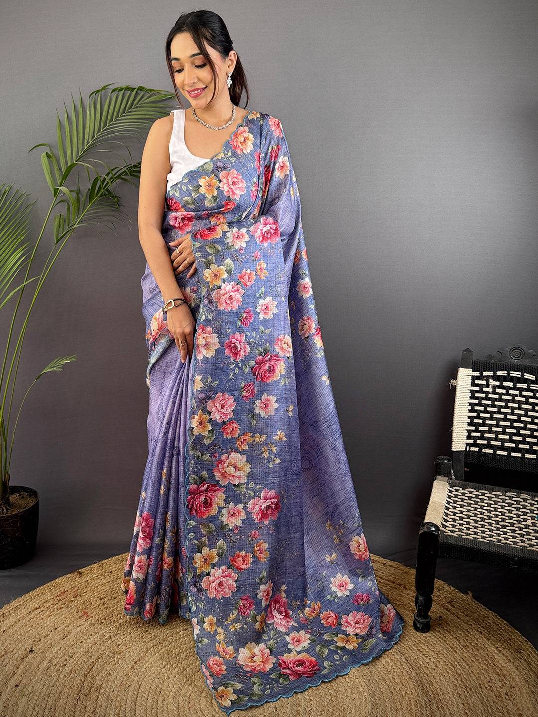 Denim Blue Kota Doriya Floral Cut Work Saree