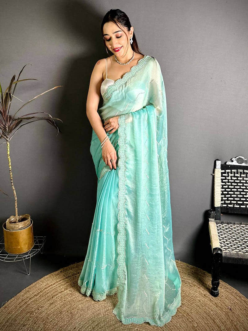 Sky Blue Pearl Stone Chiffon Satin Saree