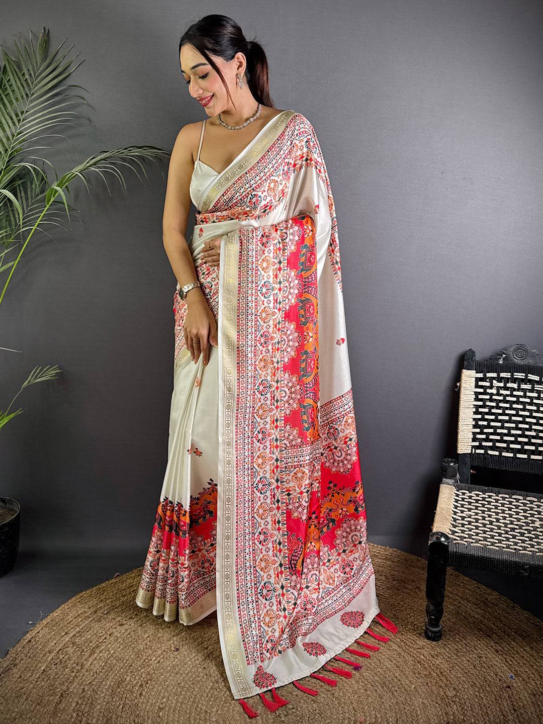 White Soft Silk Pashmina Kashmiri Print Saree