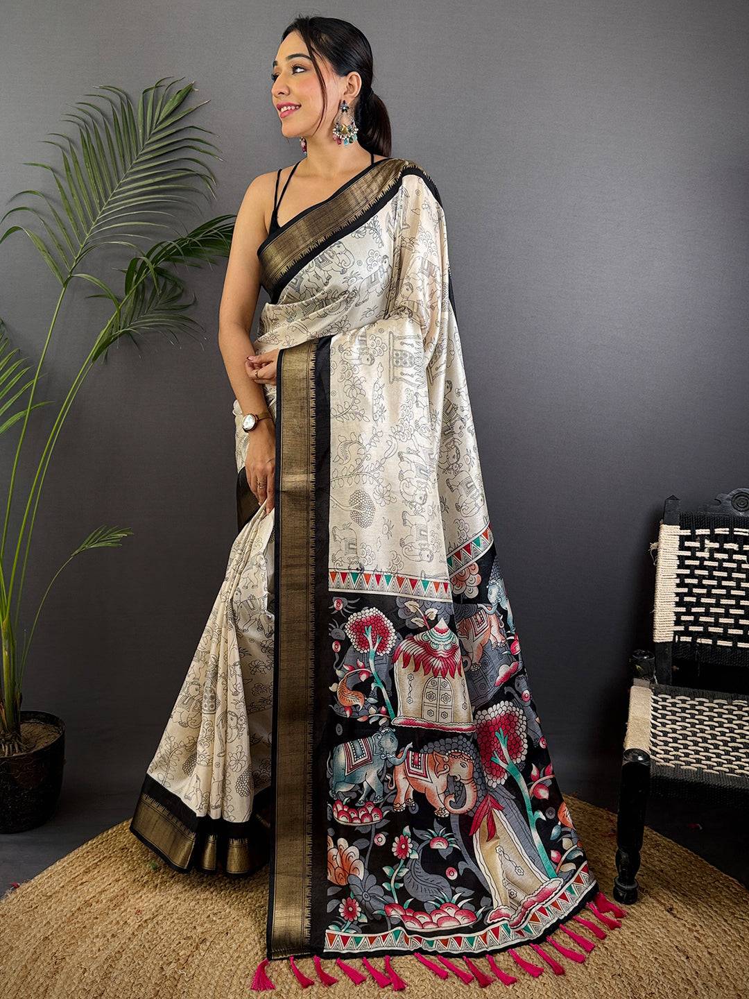 Black Dola Silk Pen Kalamkari Print Saree