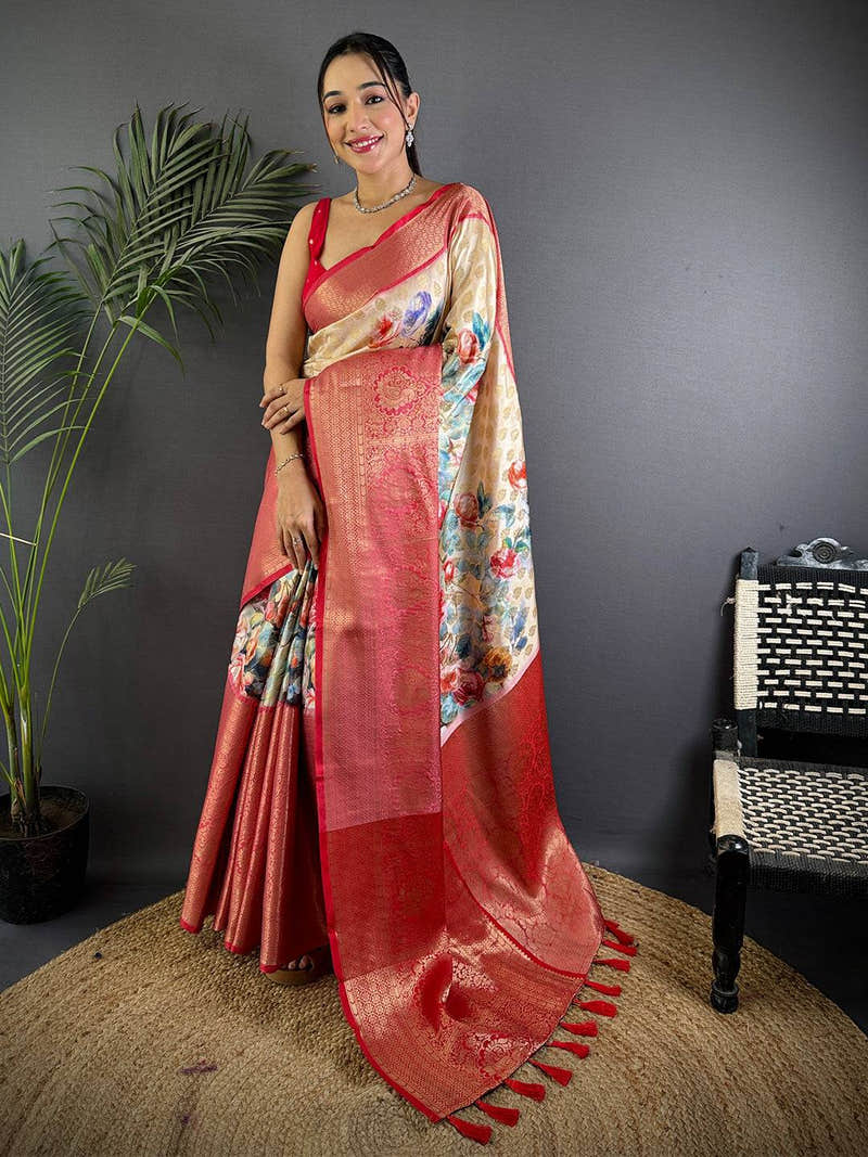 Beige Banarasi Floral Print Saree