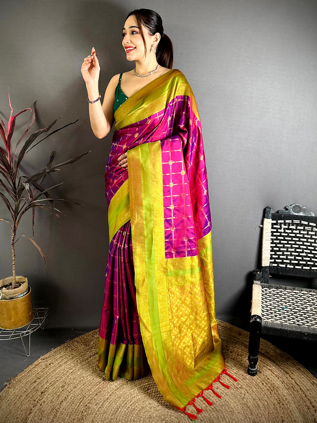 Magenta Check Weave Gadwal Saree
