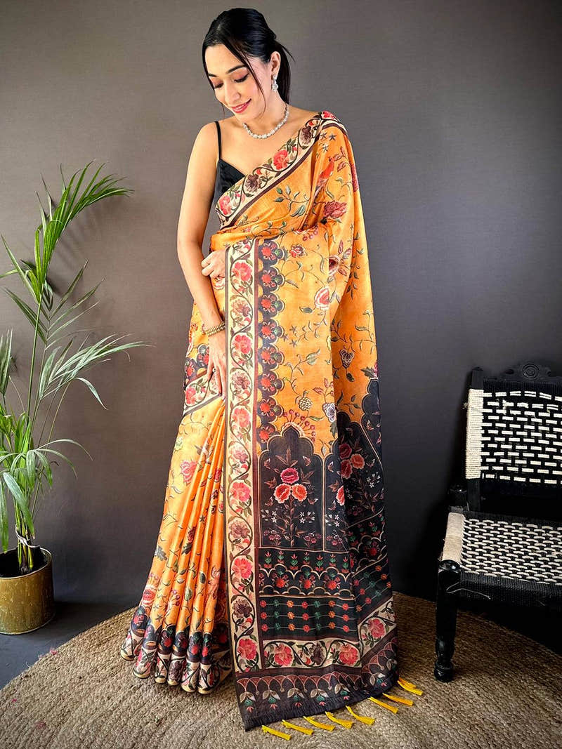 Yellow Chanderi Floral Kalamkari Digital Print Saree