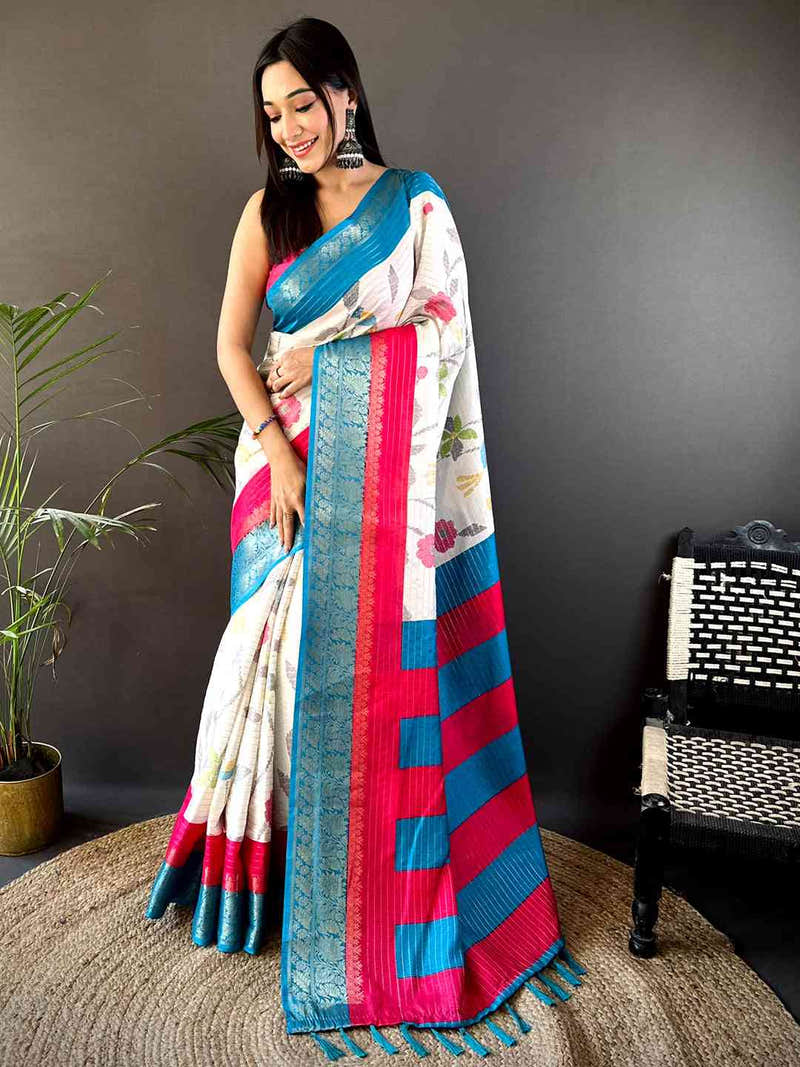 Blue Dola Silk Bird Print Saree