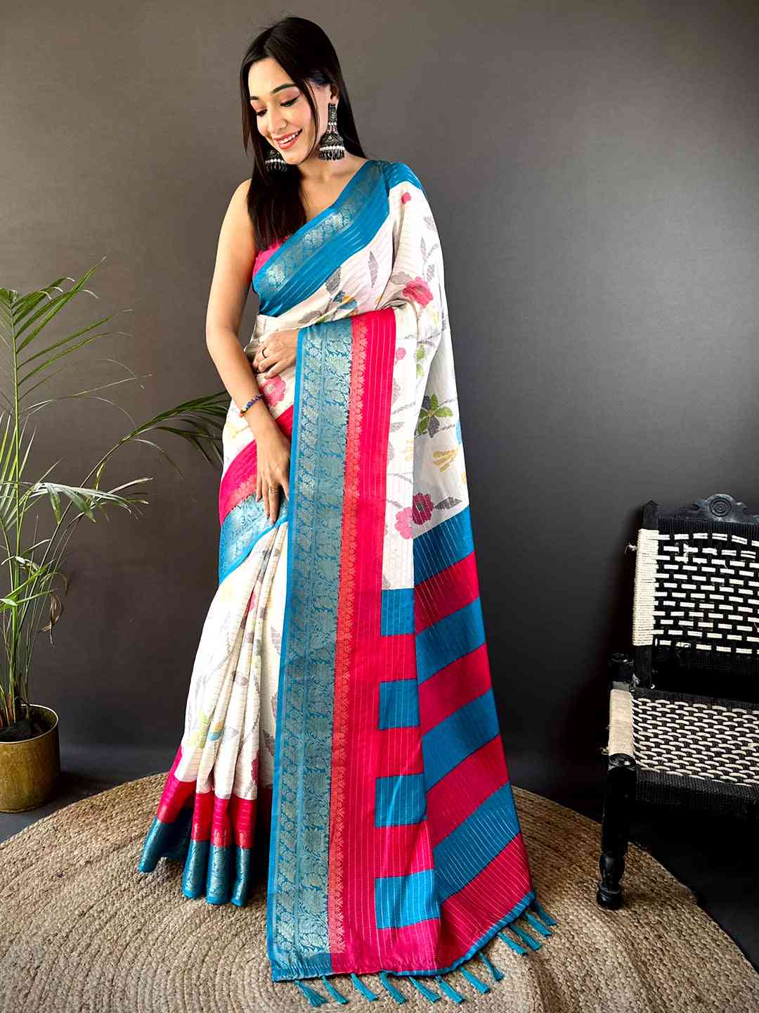 Blue Dola Silk Bird Print Saree