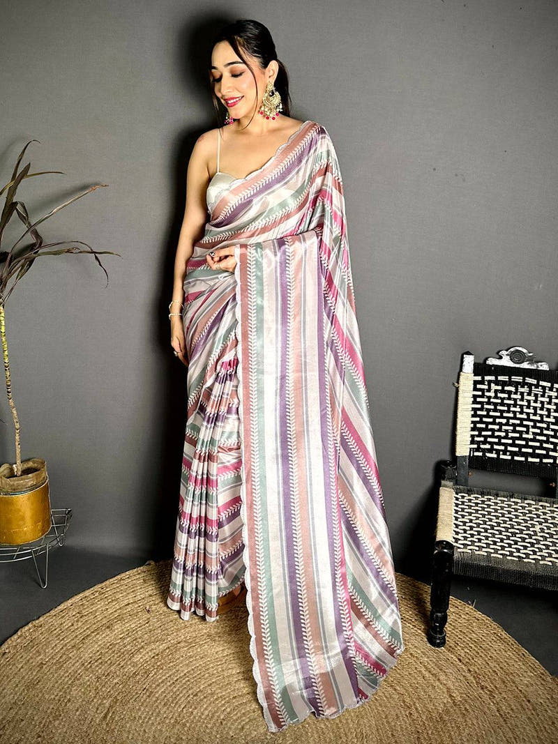 Chiffon Striped Print Diamond Work Saree