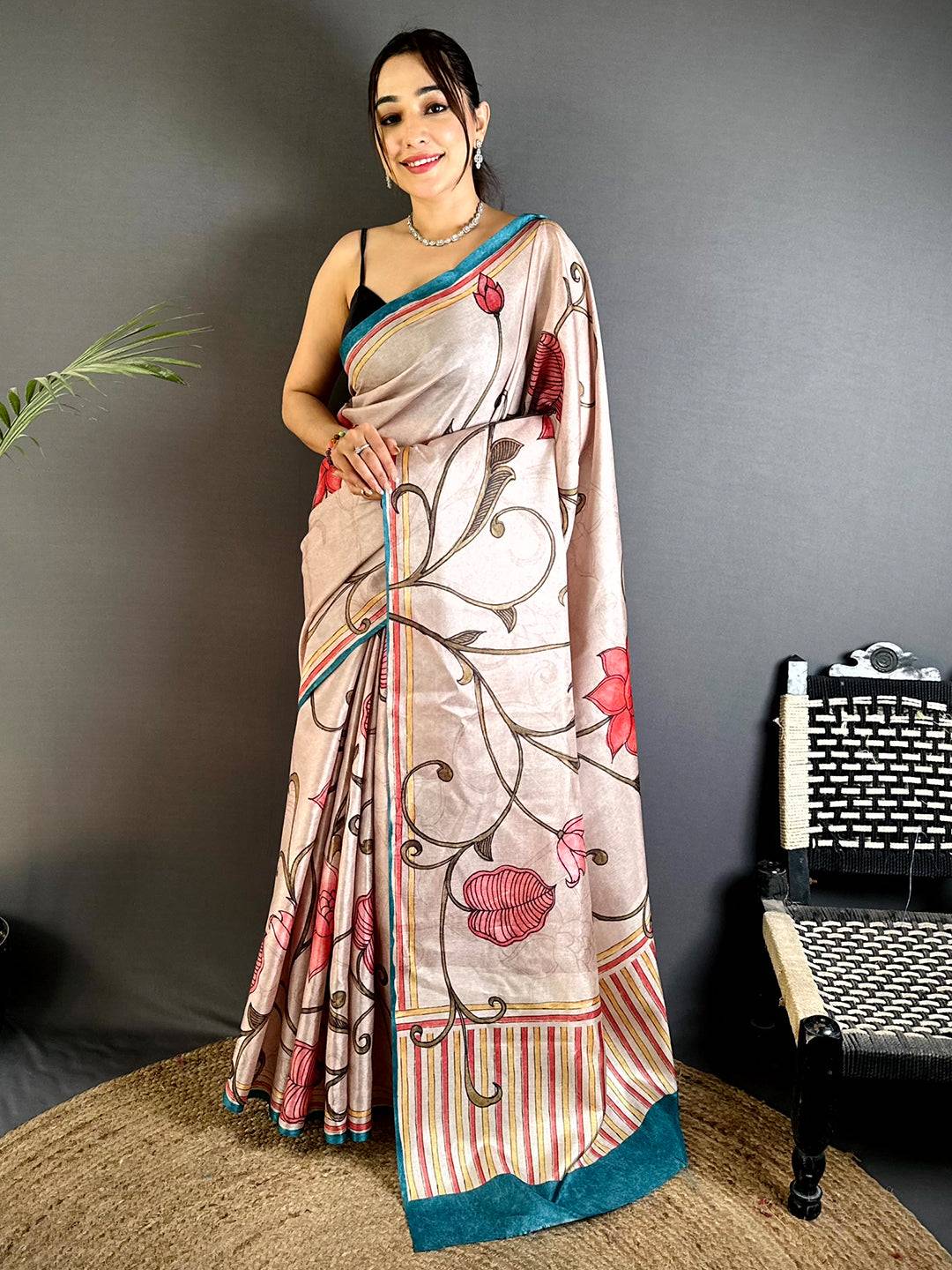 Artistic Flora Kalamkari Tussar Saree