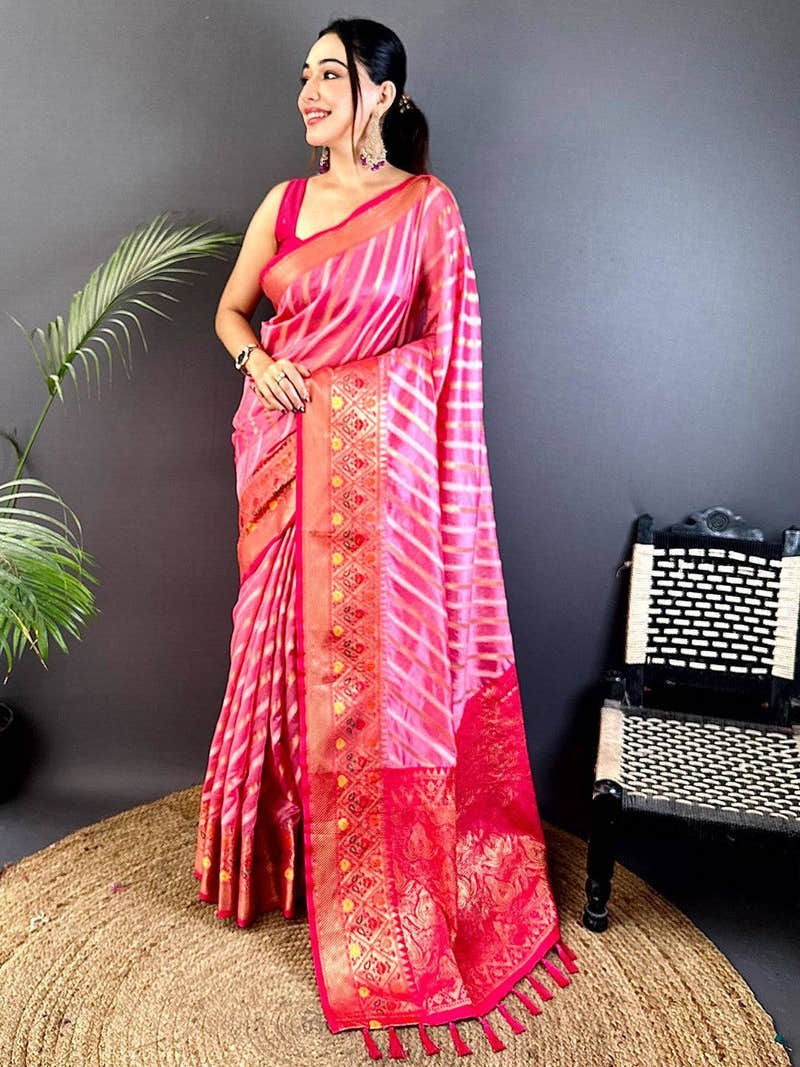 Baby Pink Banarasi Lehriya Katan Silk Saree