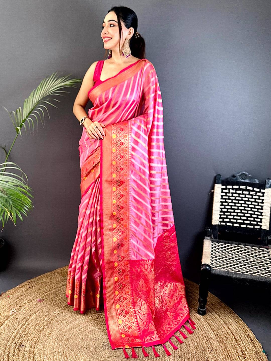 Baby Pink Banarasi Lehriya Katan Silk Saree