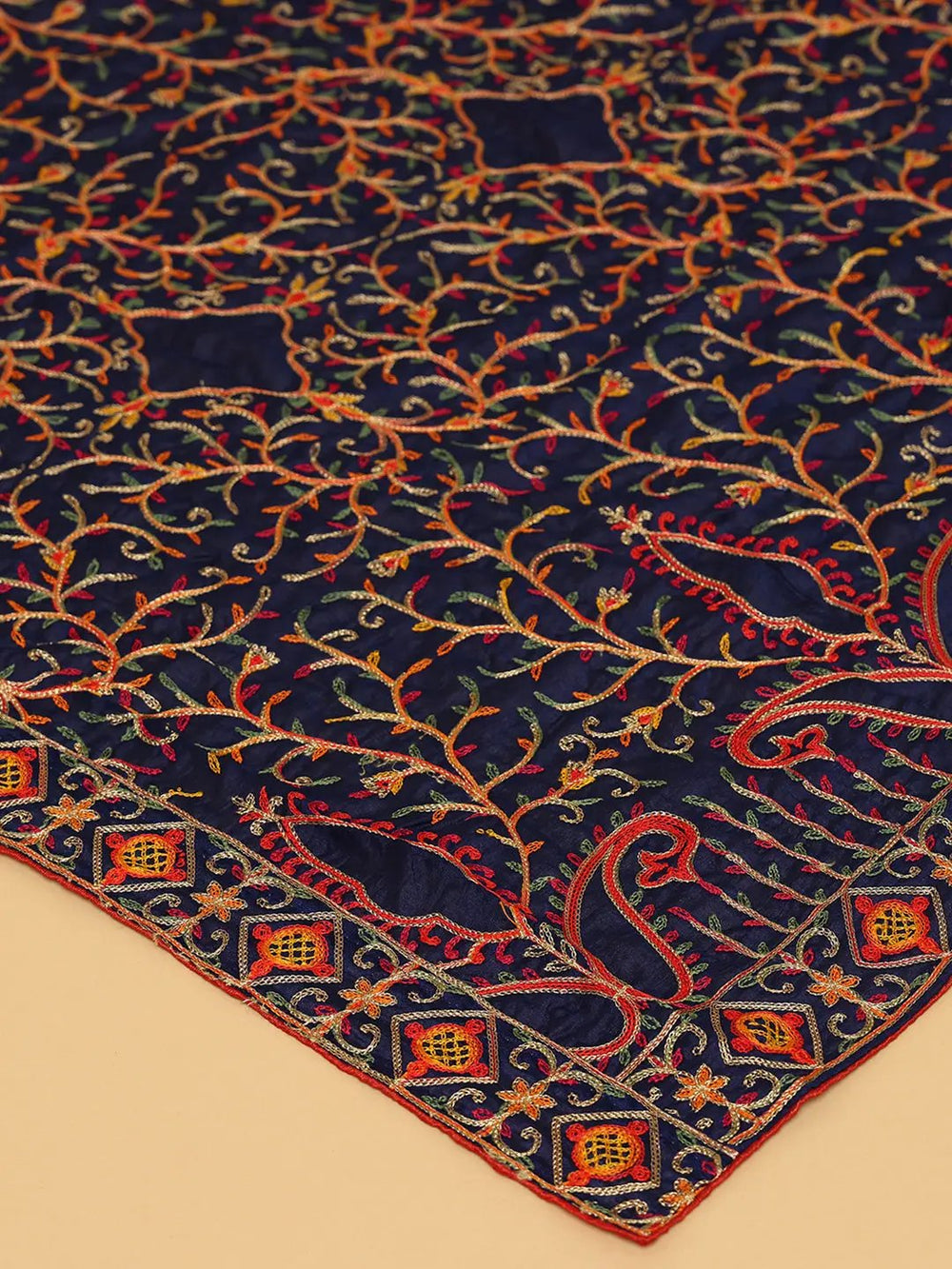 Close-up of navy dupatta showcasing intricate embroidery