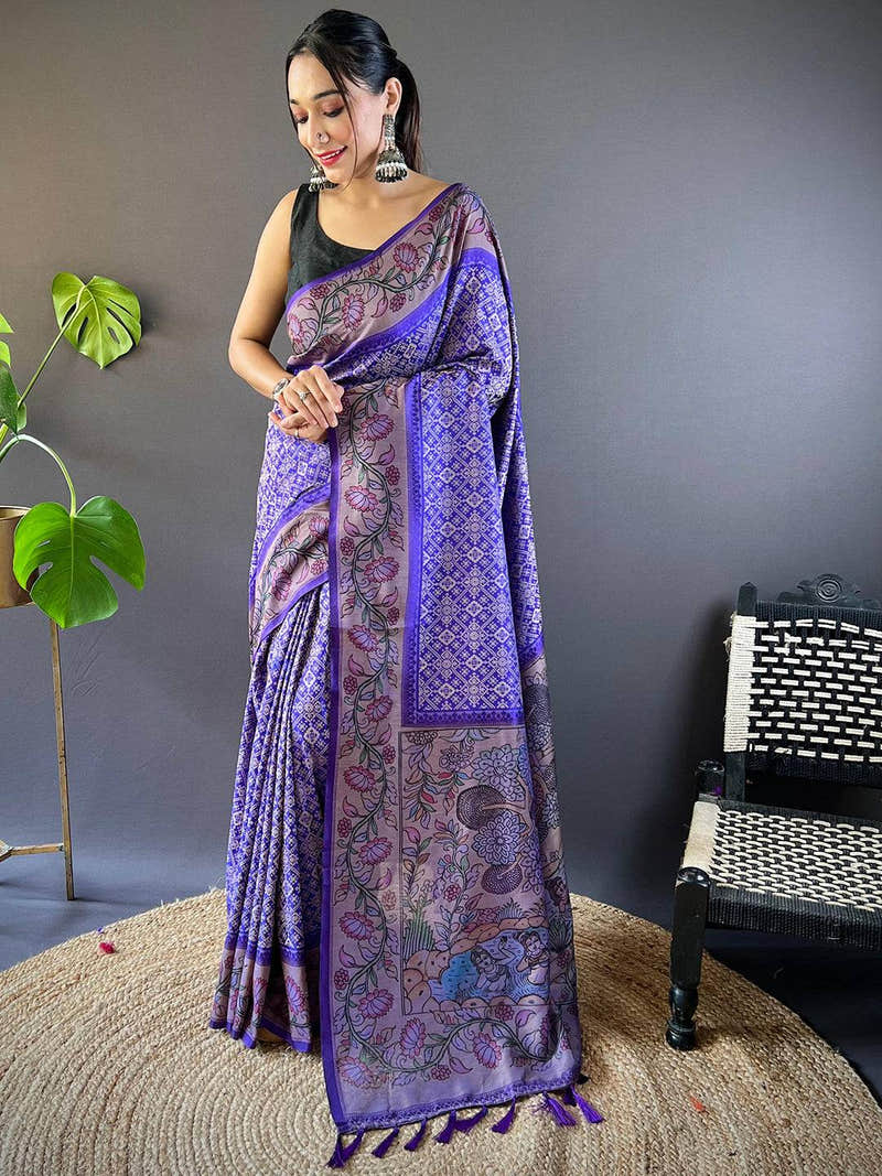 Violet Patola And Kalamkari Fusion Saree