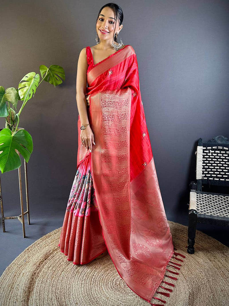 Blush Pink Charry Satin Floral Saree