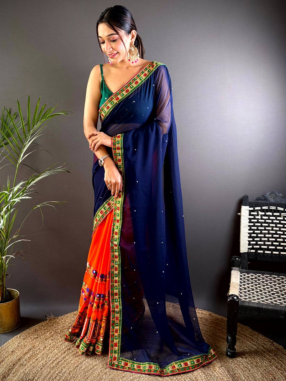 Orange Georgette Saree With Exquisite Katchi Work