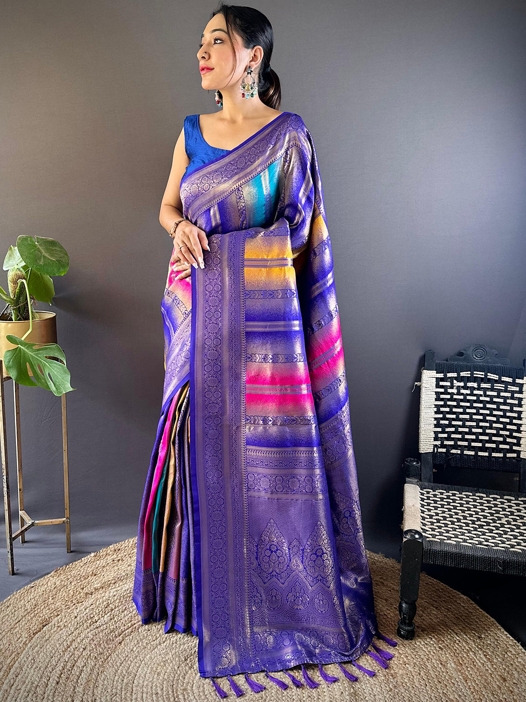 Regal Purple Stripes Banarasi Silk Saree With Maggam Blouse