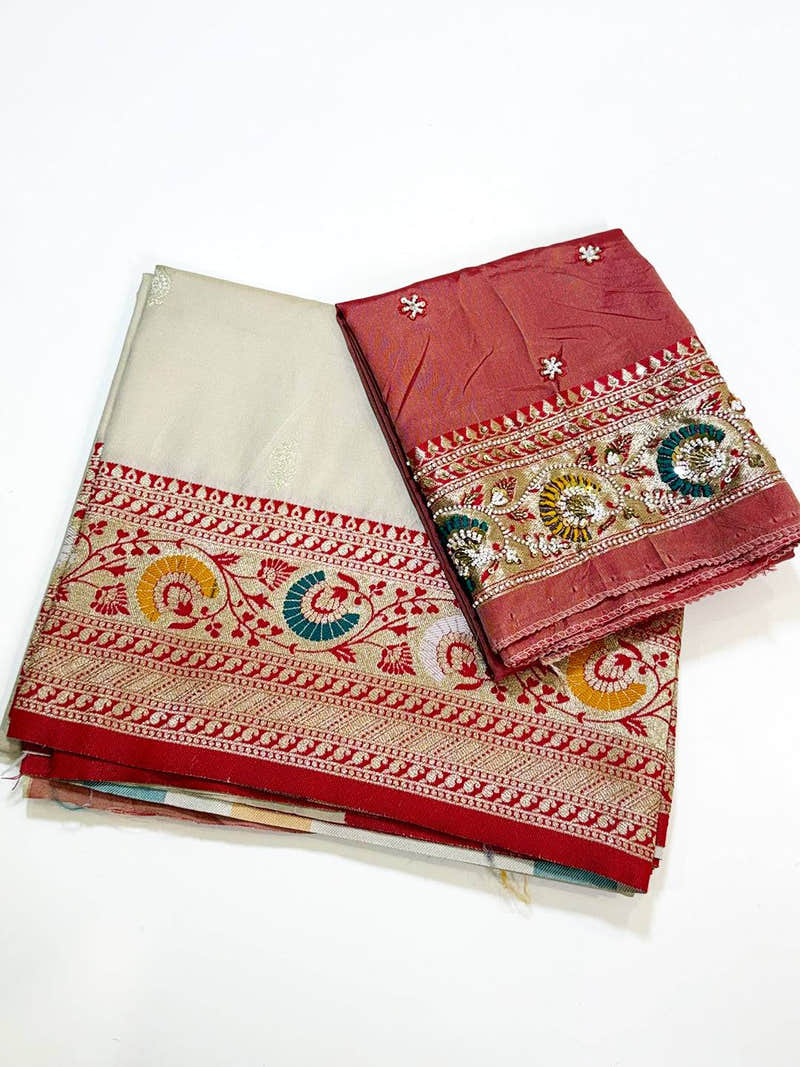 Cream Soft Silk Kanjivaram Saree With Maggam Blouse