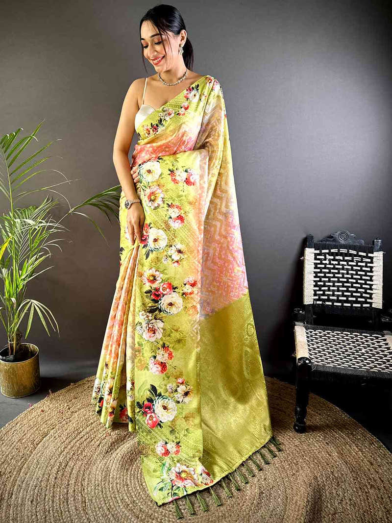 Lime Green Zari Zigzag Kota Doriya Saree