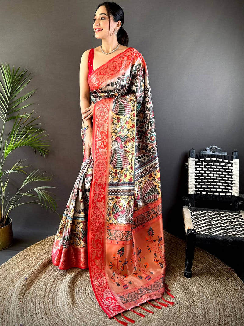 Cream Yevla Paithani Soft Silk Saree