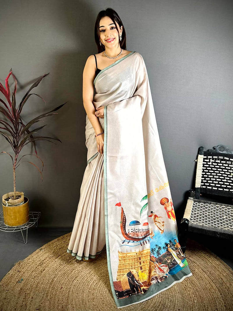 Stylish Kerala Print Tussar Saree